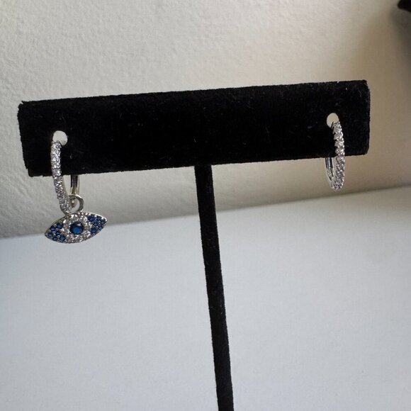 925 Sterling Silver Evil Eye Hoop Earrings – Blue & White Cubic Zirconia - Picture 2 of 8
